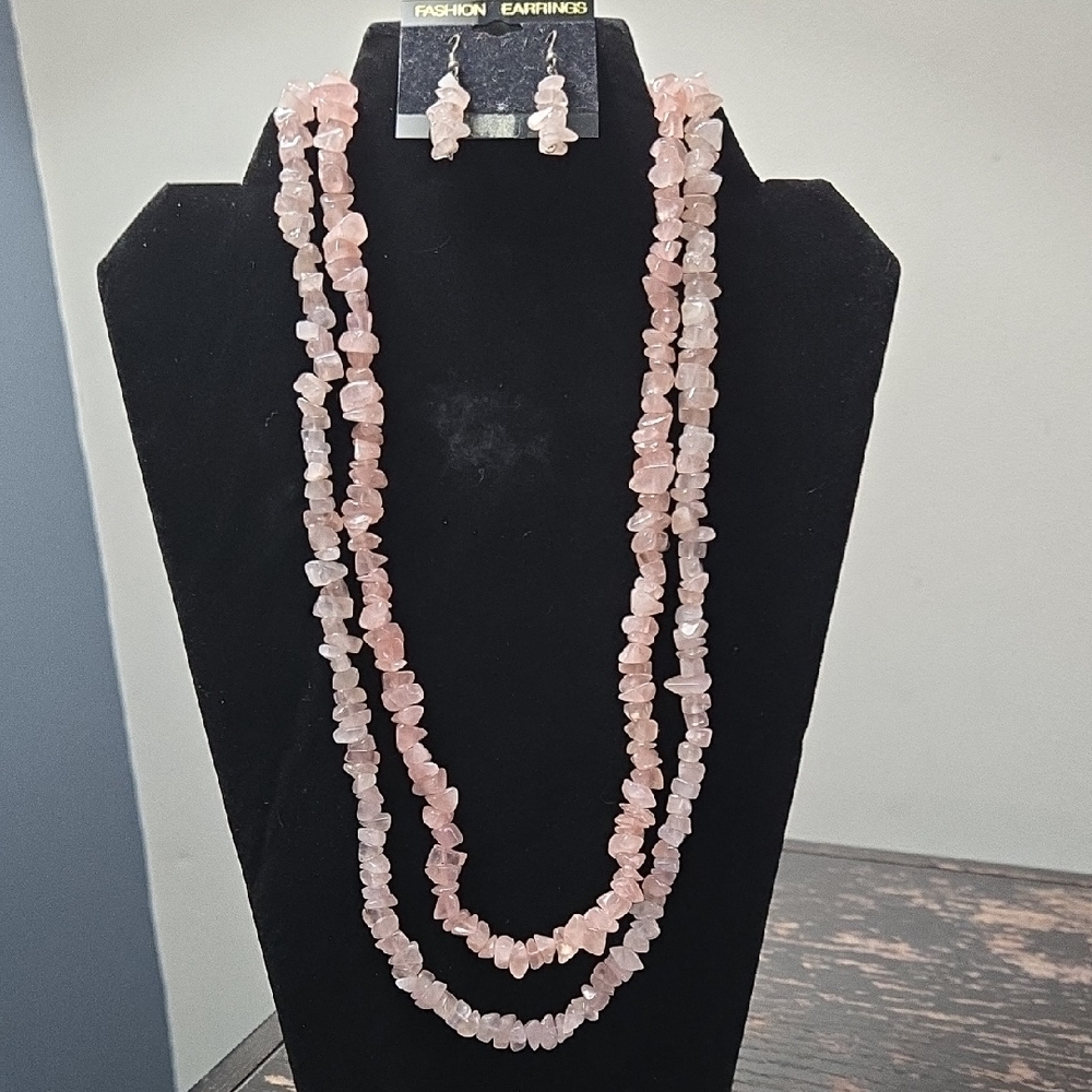 Pink Chip Stone Double Strand 36"‎ Necklace & Dangle Earring Set